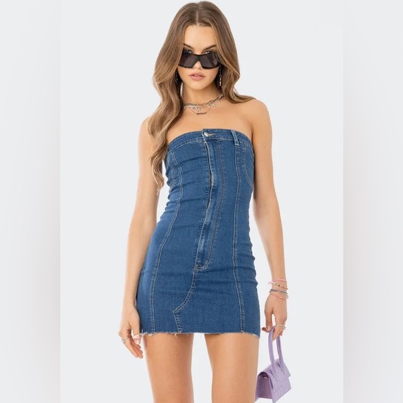 NWT Edikted Ebony Strapless Denim Mini Dress Size Small - Picture 1 of 7